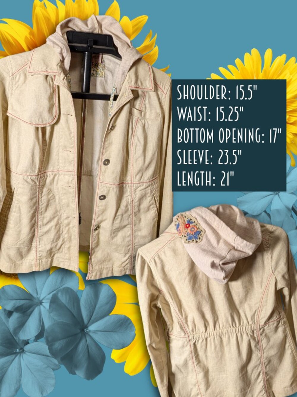 Free People size 4 cream button front hoodie with embroidery and faux layering